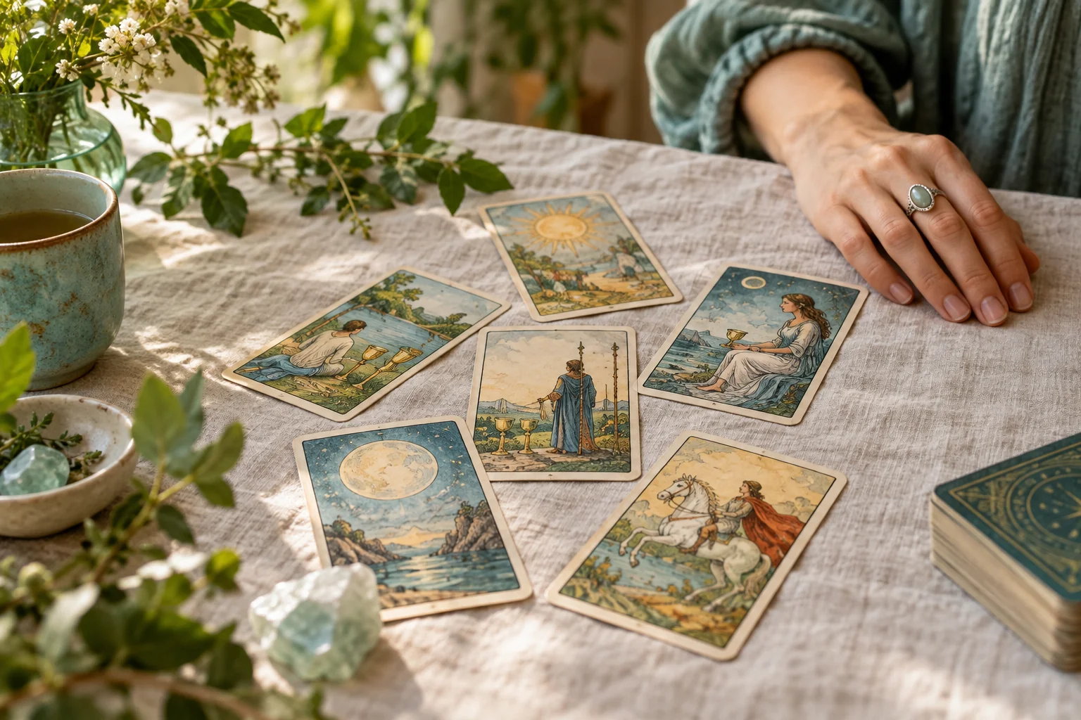 Tarot cards on linen with natural greenery